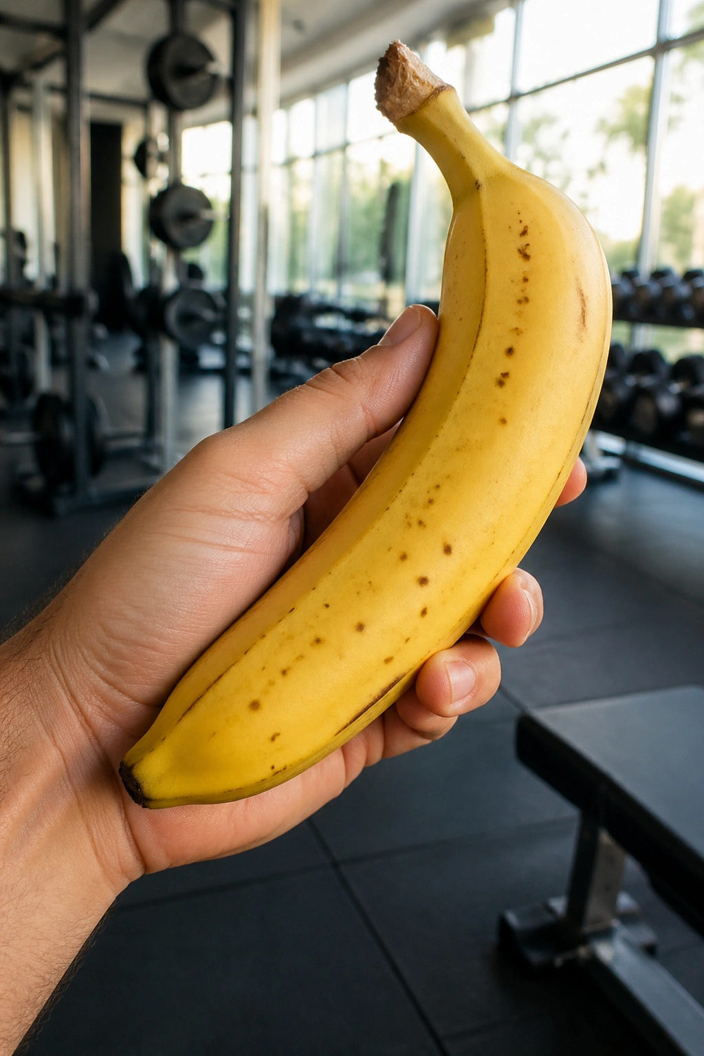 Close-up of a ripe banana held in a hand in a gym setting