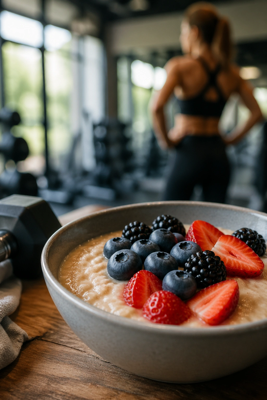 Close-up of a bowl of oats with fruit on a wooden surface with a soft gym background