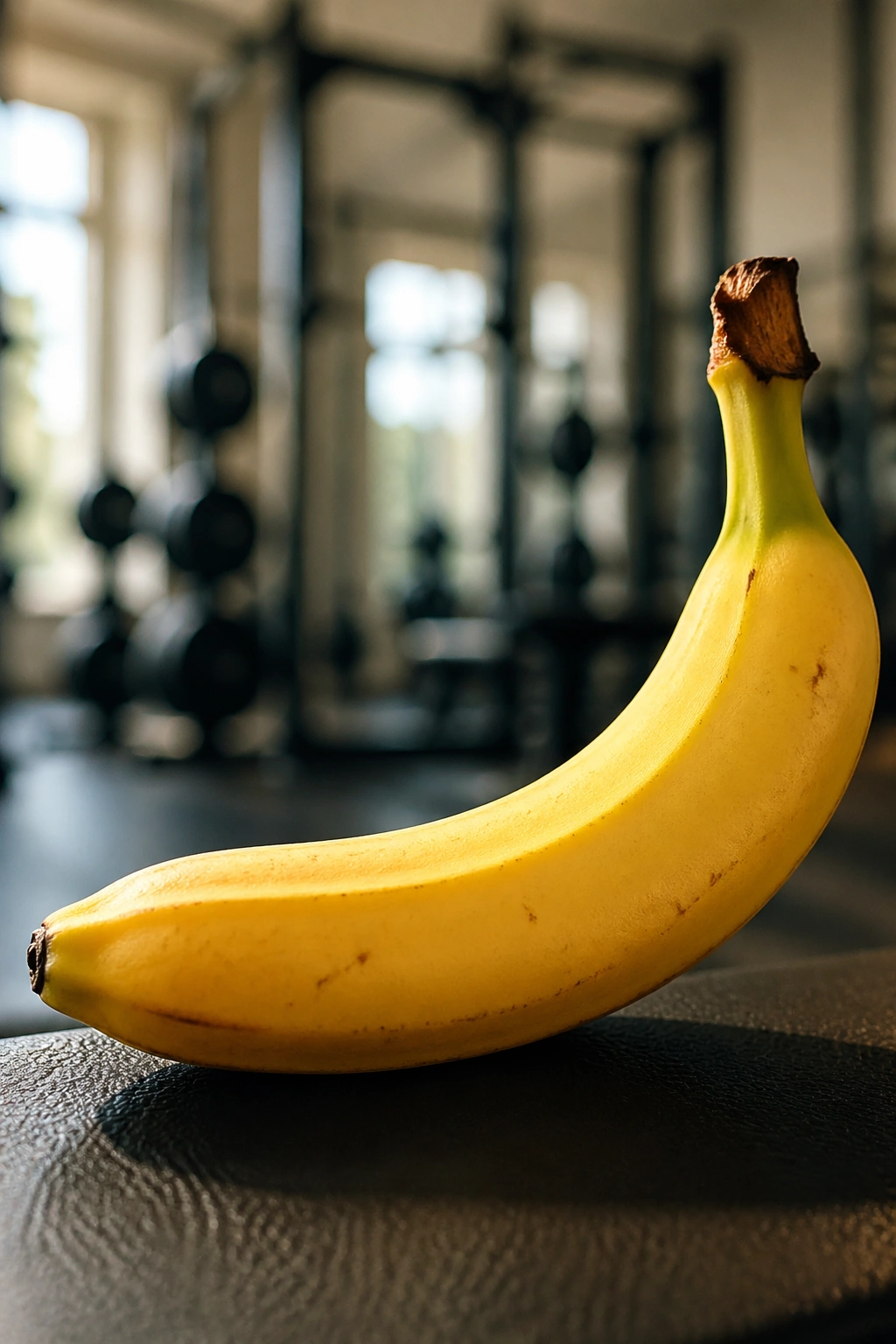 Close-up of a ripe banana with gym background illustrating carb timing for workouts
