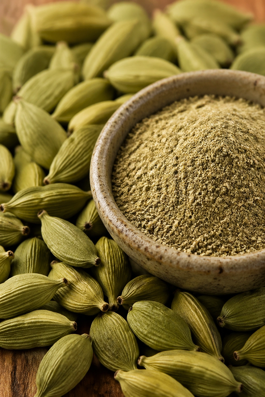 Close-up of cardamom pods and ground cardamom in a rustic bowl on a wooden counter