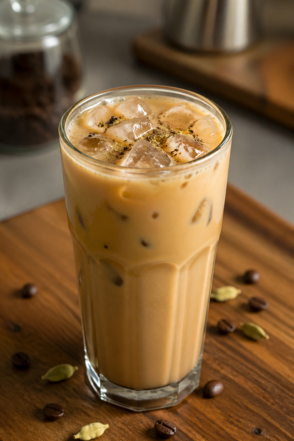 Close-up of Cardamom Vanilla Iced Coffee in a glass on a cozy kitchen counter