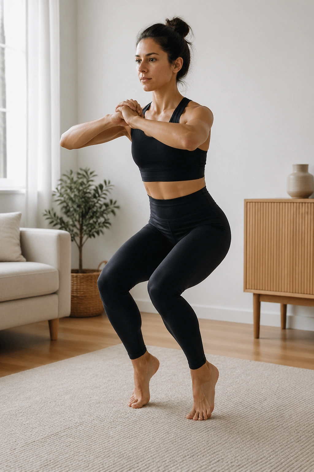 Person performing standing cardio-Pilates burst without jumping in a home setting