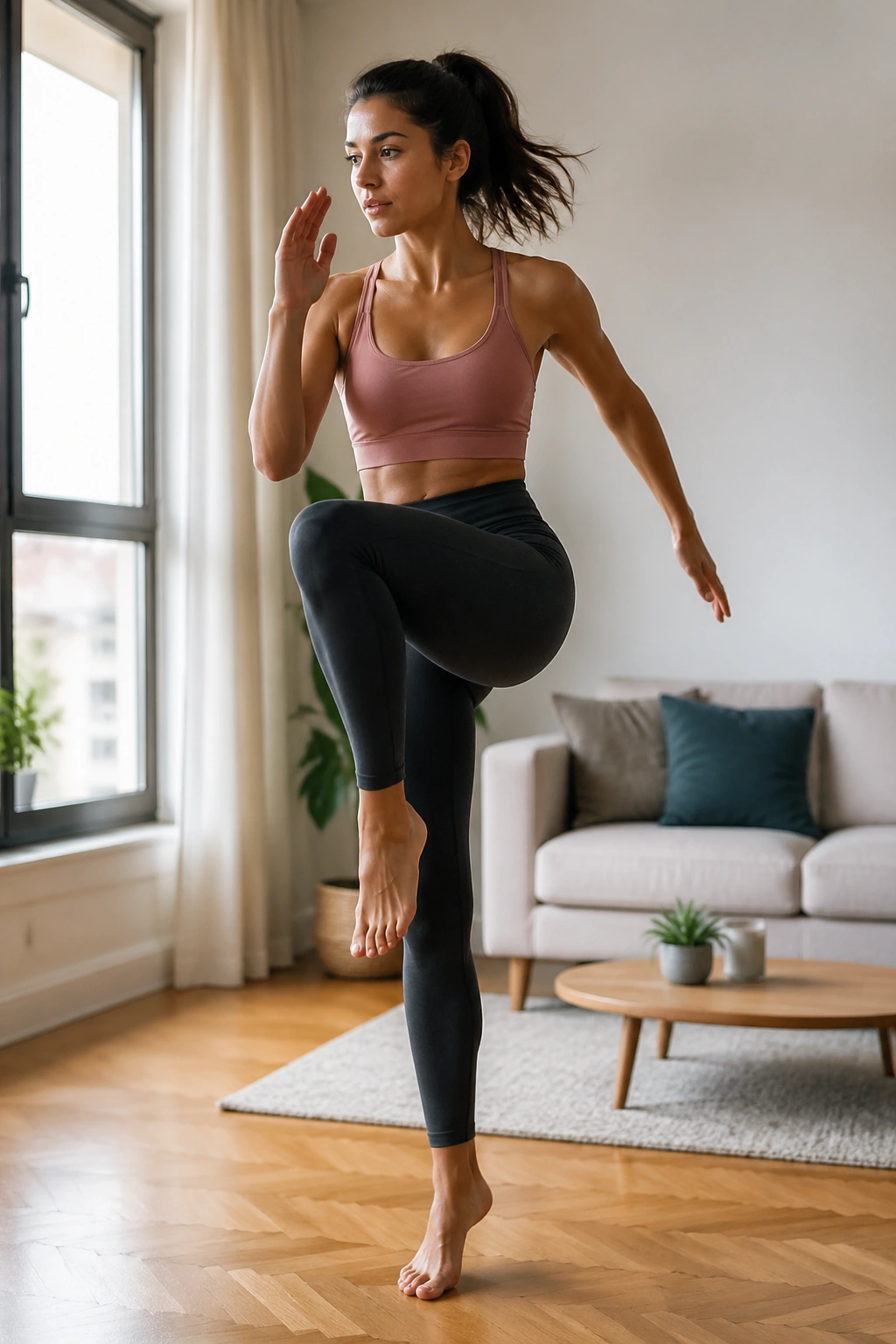 Person performing quiet cardio-Pilates flow standing knee drives in an apartment