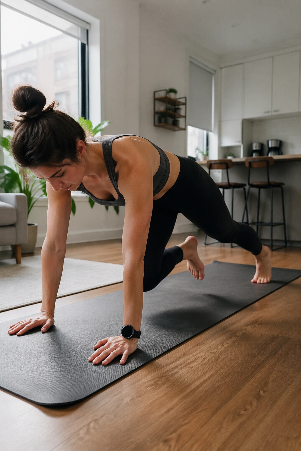 Real person performing cardio-style mat Pilates in a small-space home.