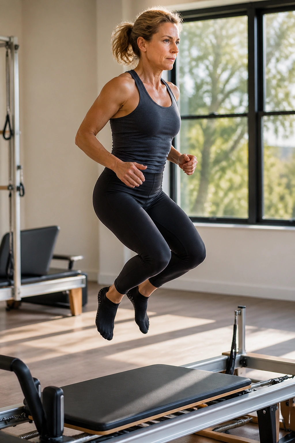 Medium shot of a real woman performing low-impact cardio jumps on a reformer