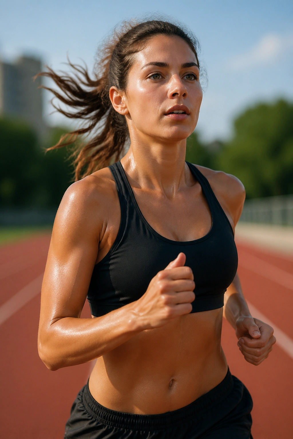 Runner in mid-stride on an outdoor track during daylight