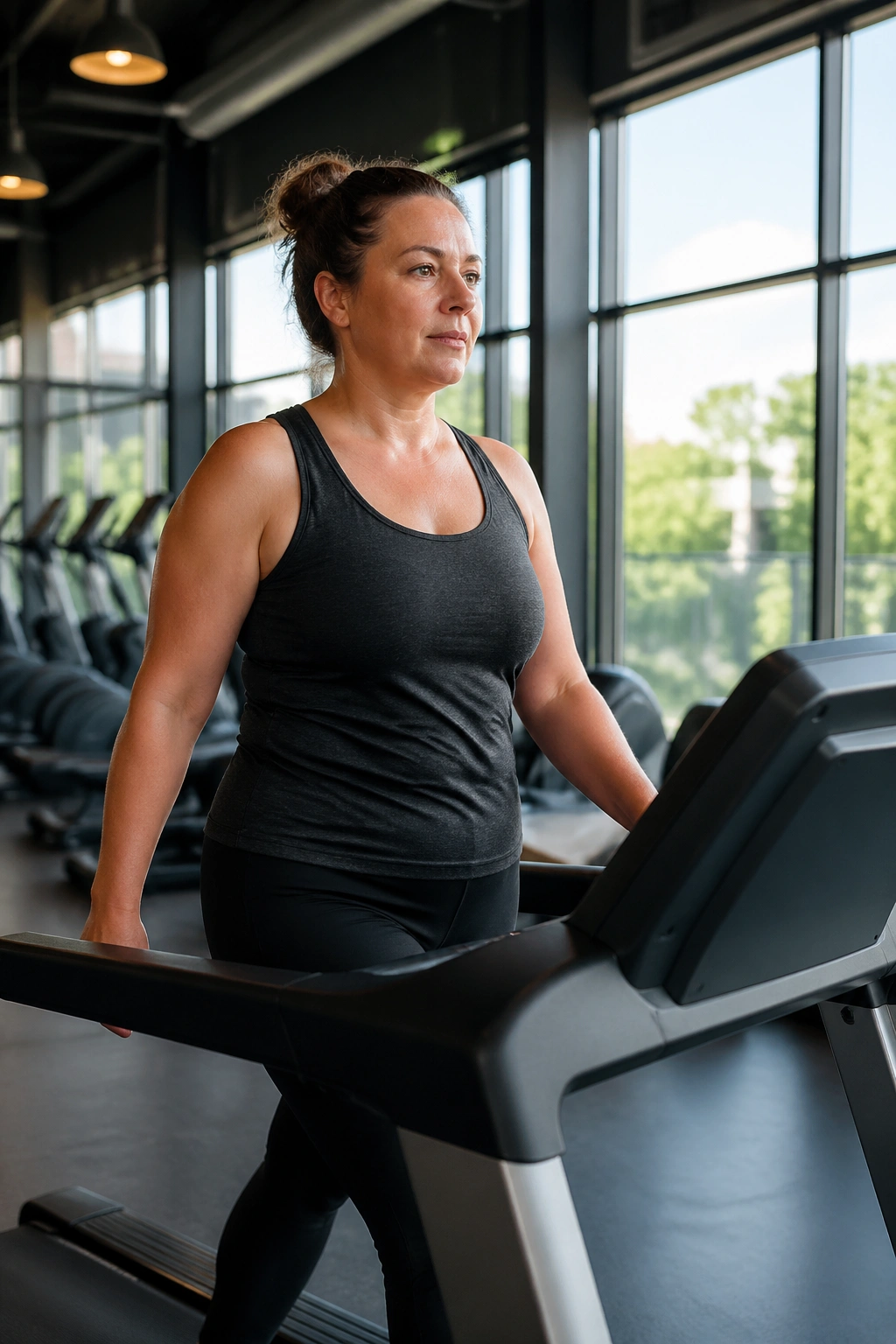 Woman performing steady-state cardio on a treadmill in gym.