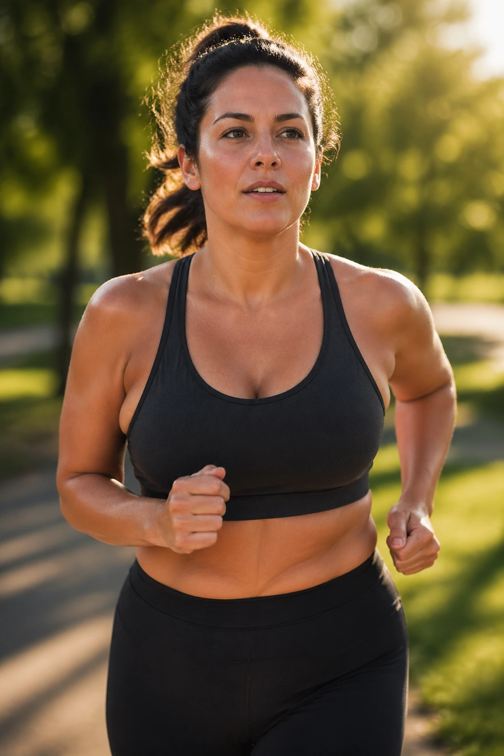 Real woman in athletic wear jogging in a sunlit park