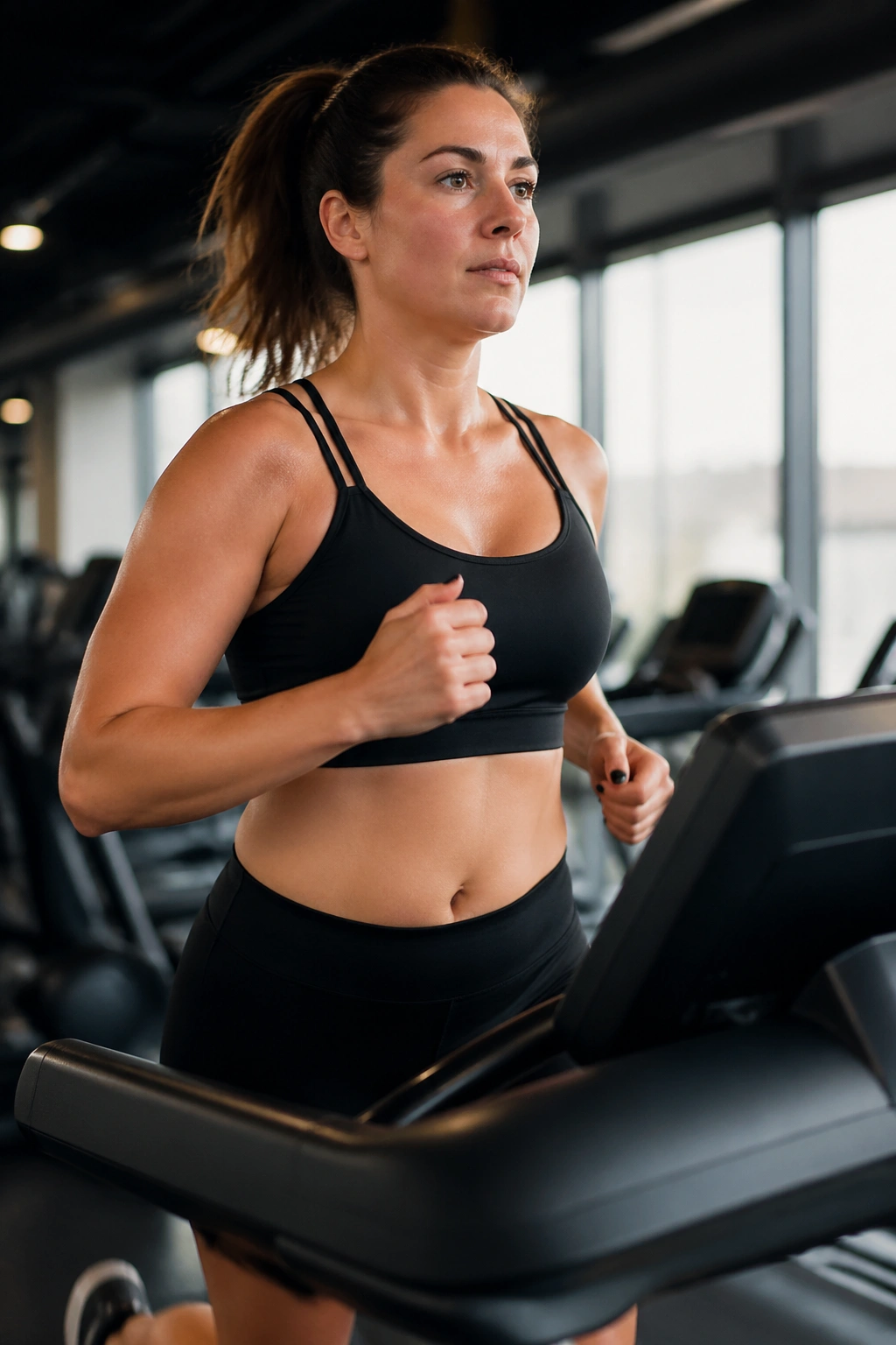Close-up of a woman running on a treadmill in a gym, cardio-focused workout without strength training.