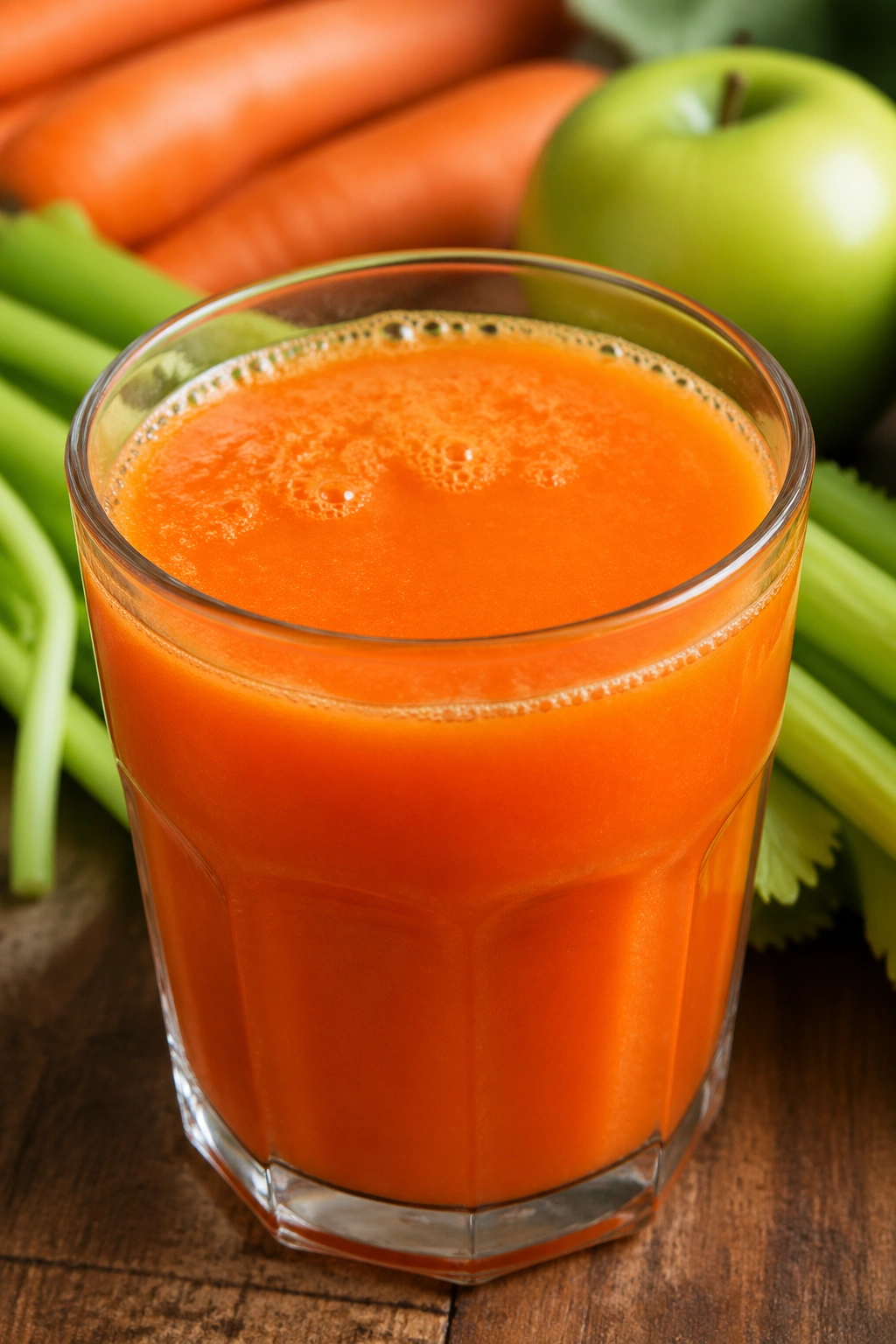 Close-up of carrot apple celery juice in a glass.