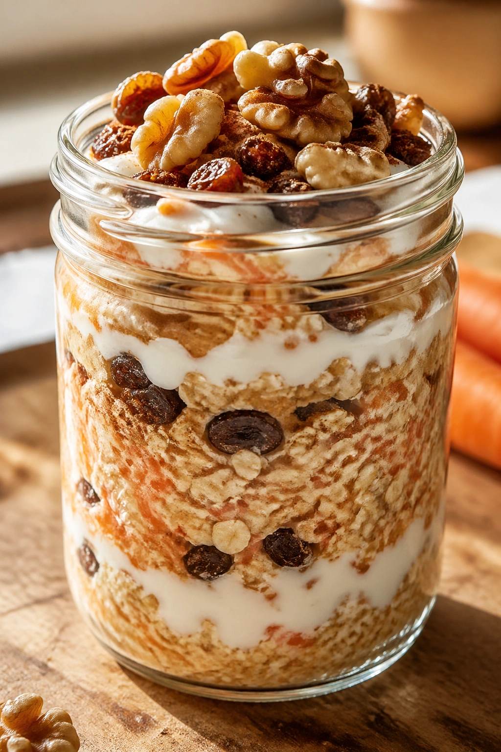 Close-up of carrot cake overnight oats in a jar with carrot shreds and walnuts on a warm kitchen counter