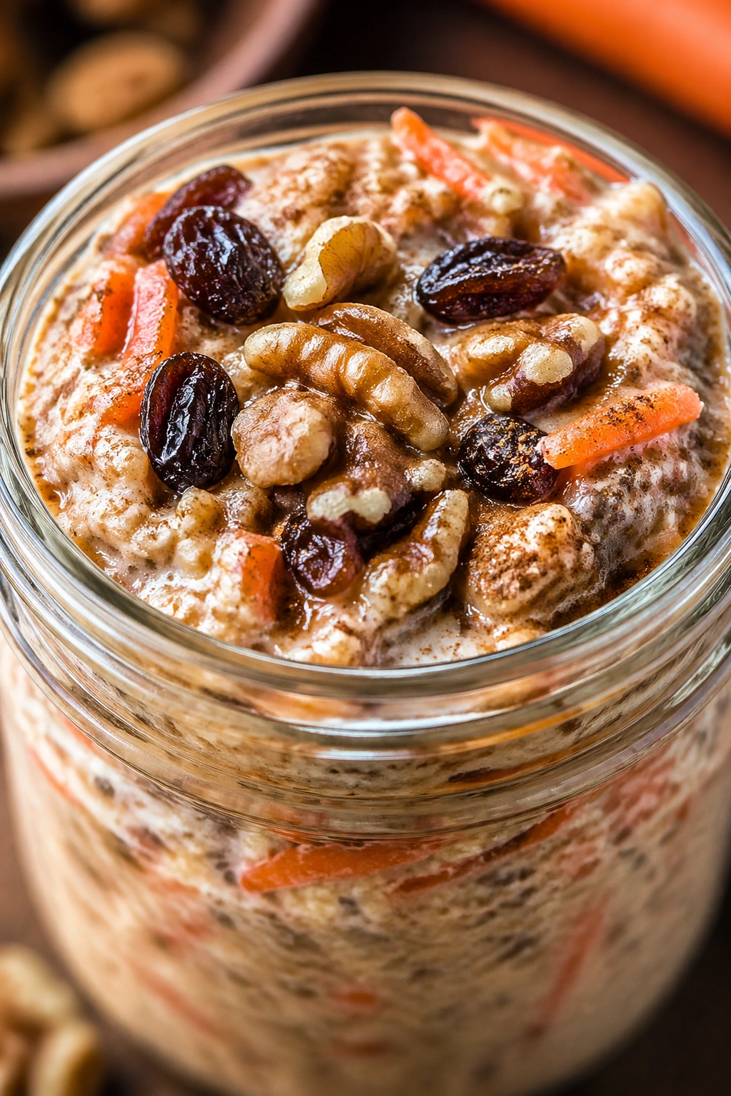 Close-up of carrot cake walnut oats in a glass jar on a rustic counter