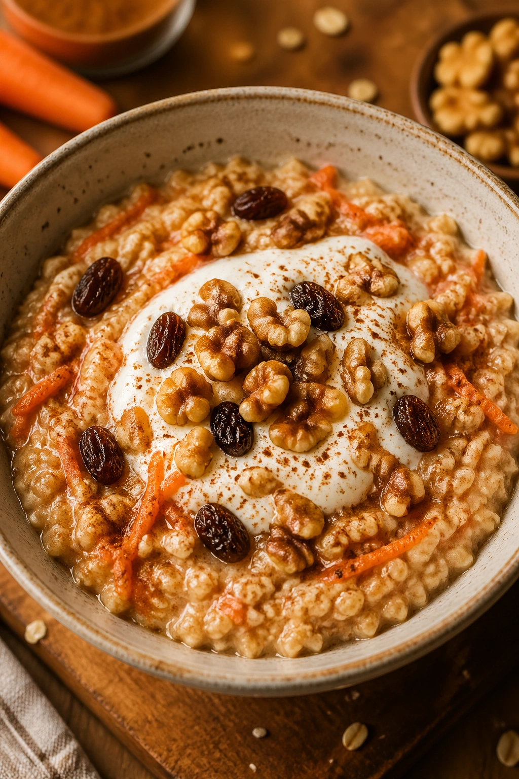 Oats with carrot, yogurt, raisins and walnuts in a cozy kitchen setting