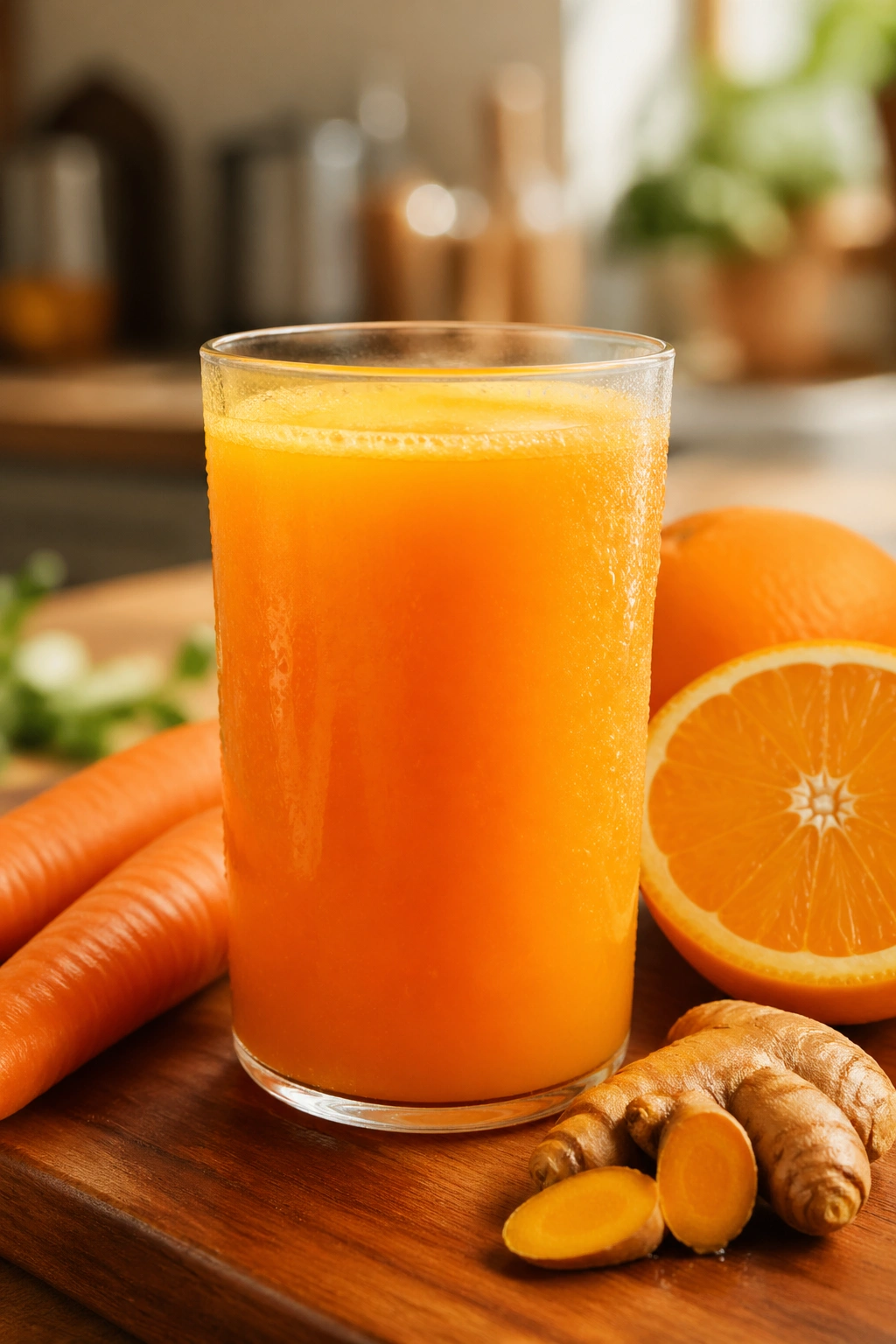 Glass of carrot orange turmeric juice on a wooden kitchen counter
