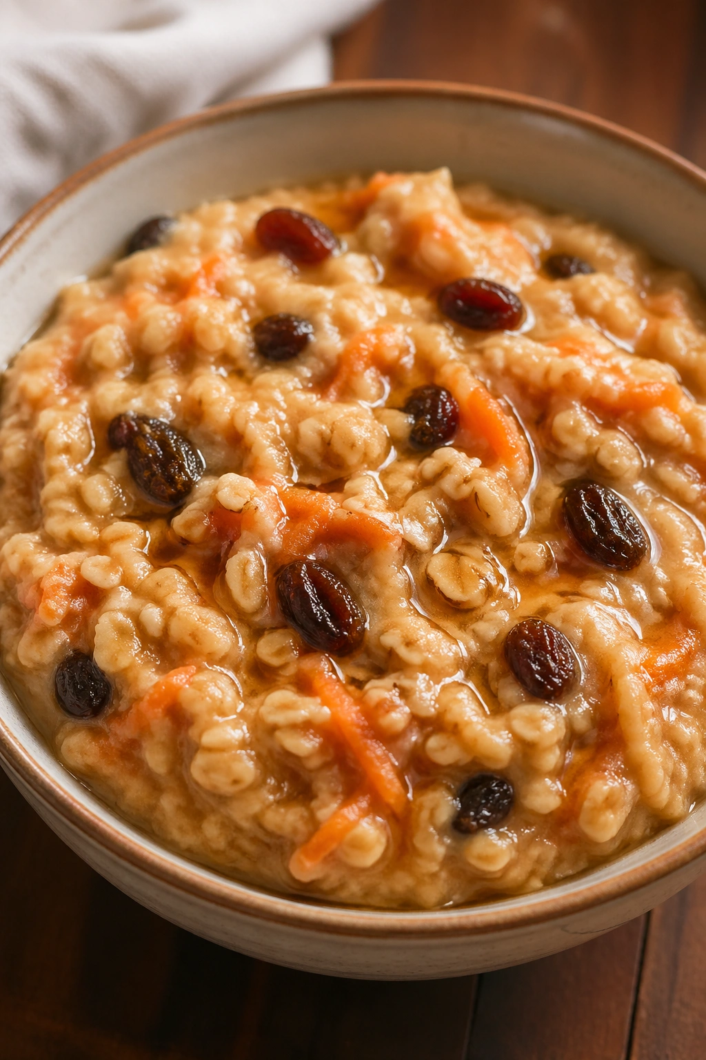 Oatmeal with carrot and raisins in a bowl on a wooden table
