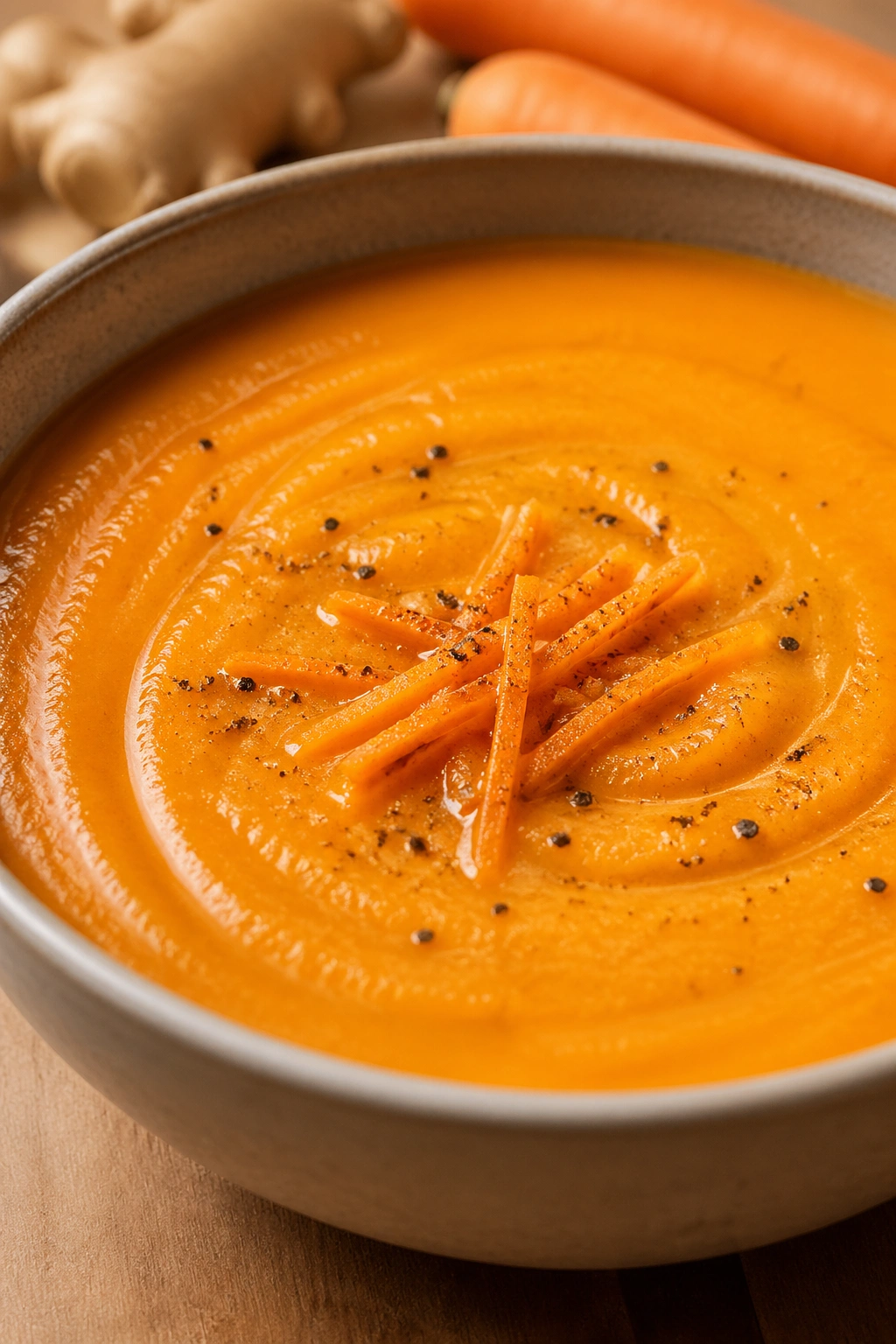 Close-up of orange carrot and ginger soup in a bowl