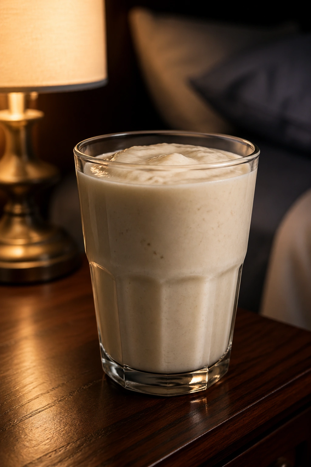 Thick casein shake in a glass on a nightstand with warm lighting.