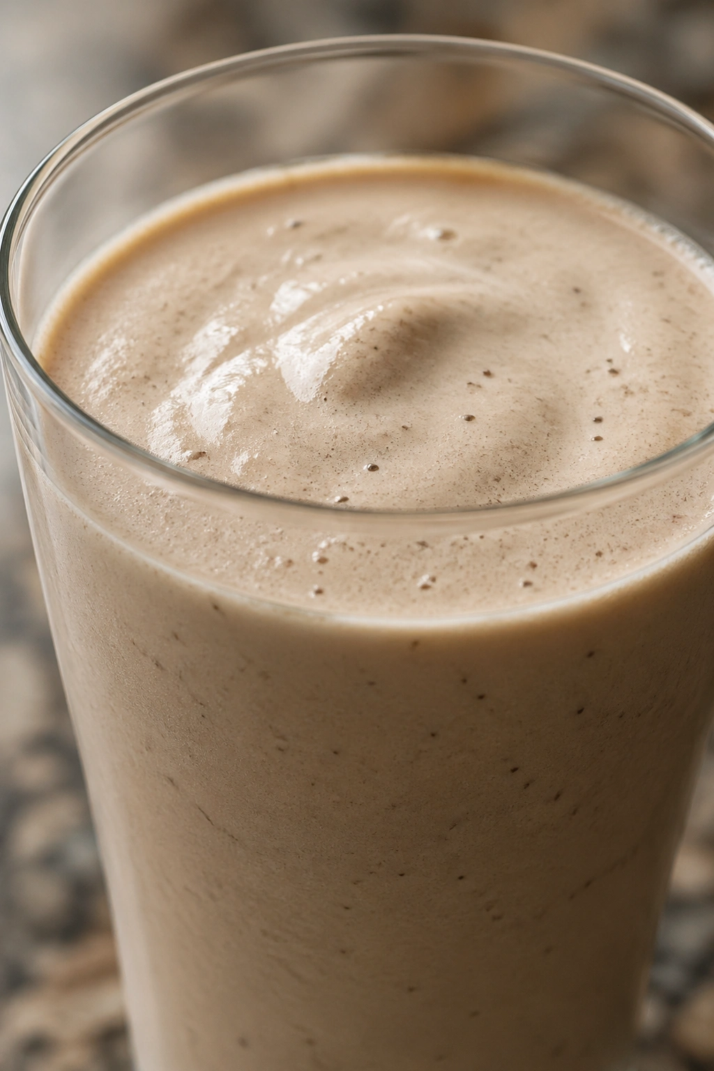 Thick casein protein shake in a tall glass on a kitchen counter.