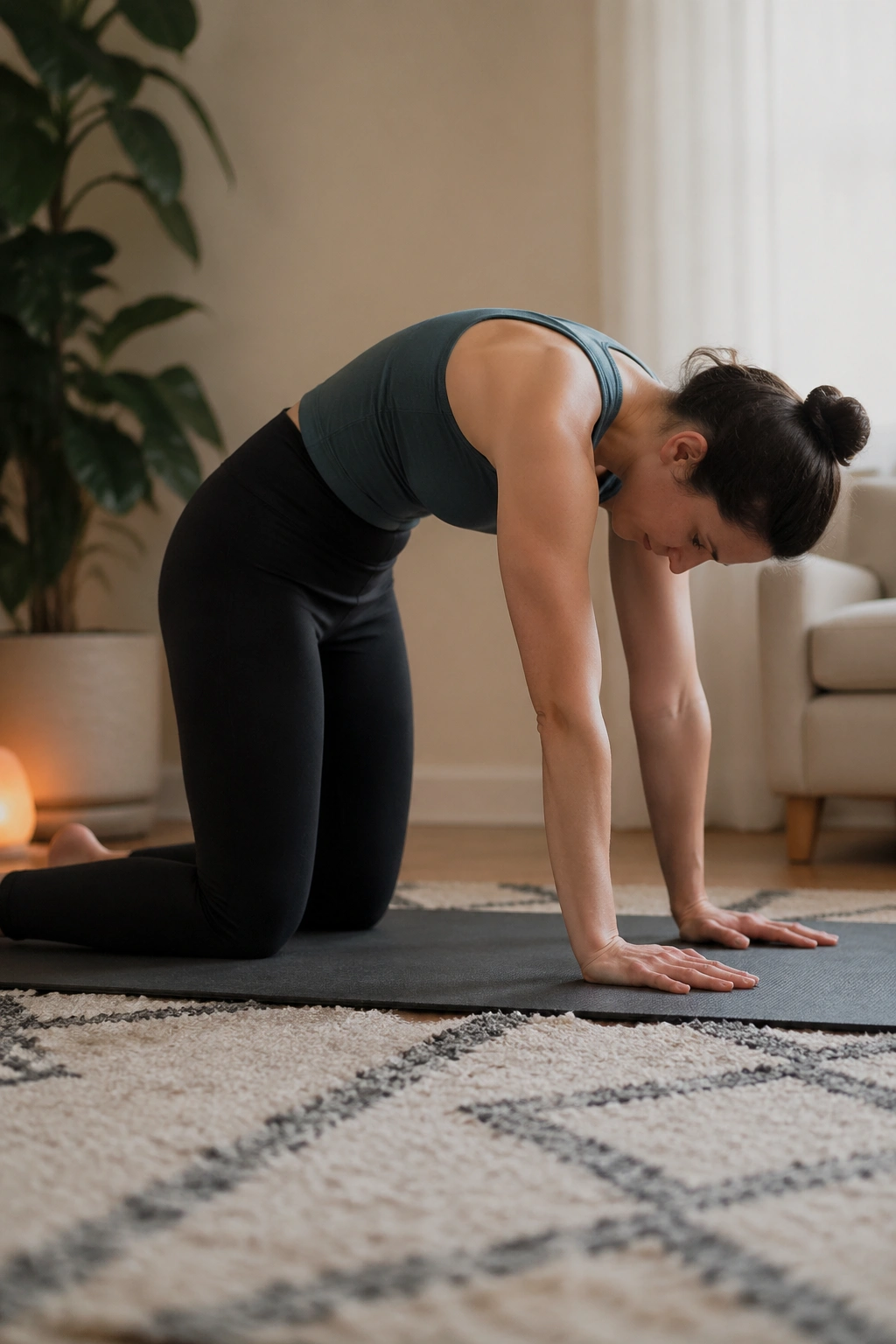 Portrait of person performing Cat-Cow on hands and knees on a mat