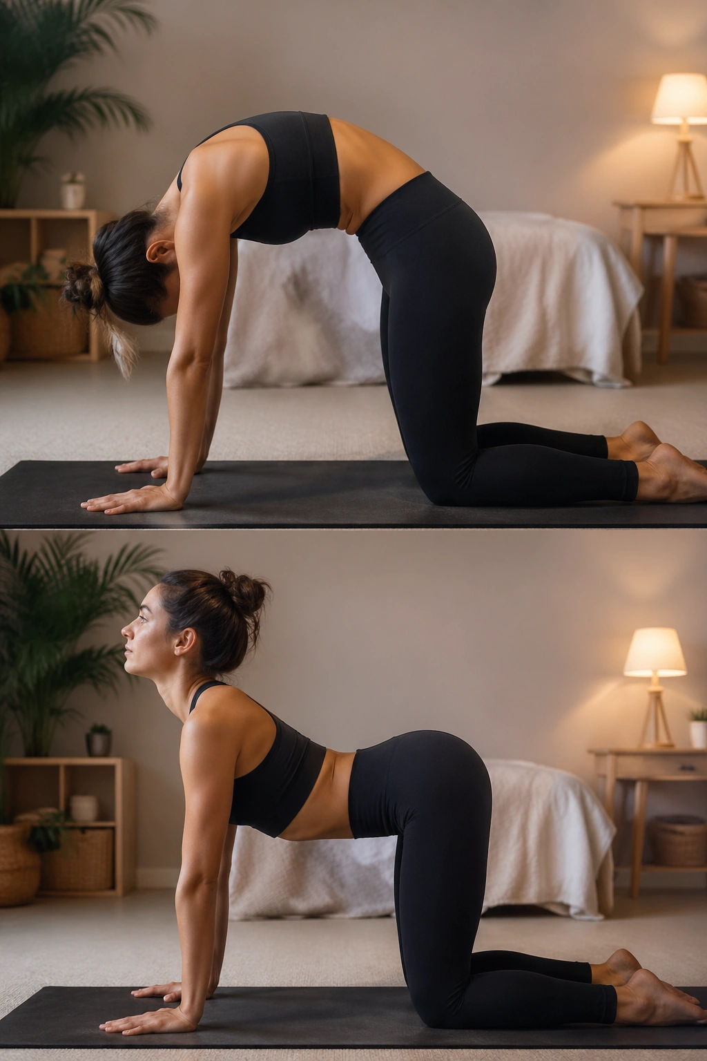Person on hands and knees performing cat-cow stretch to improve spinal mobility