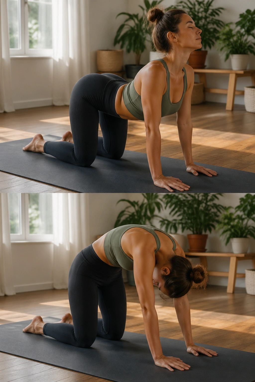 Person on hands and knees performing cat-cow in a sunlit room