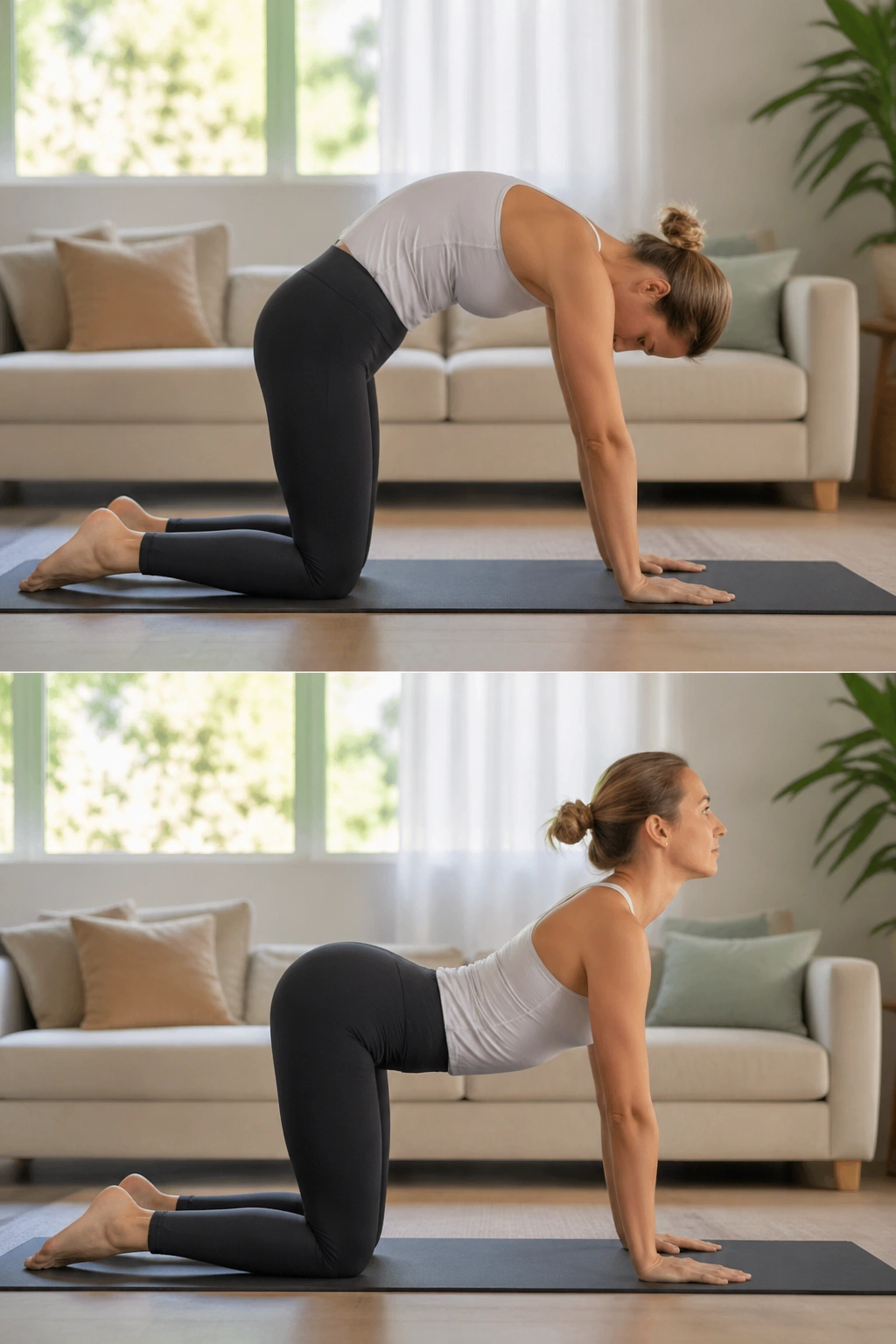 Side view of person performing cat-cow on a mat