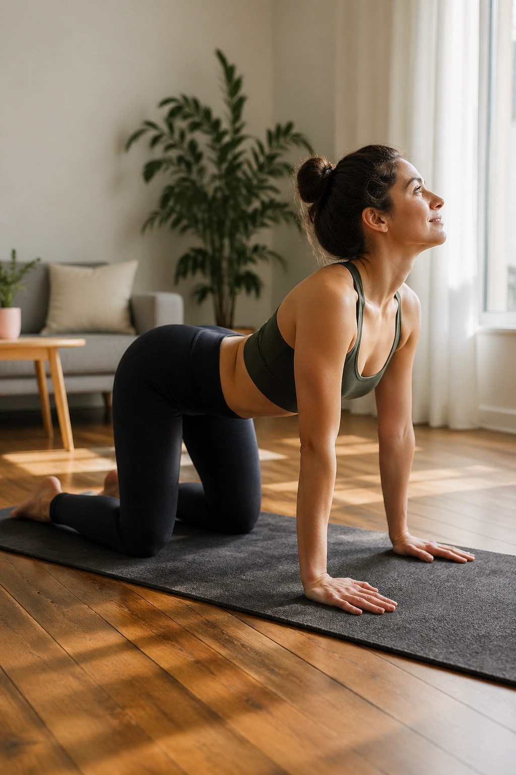Medium-close shot of a person performing Cat-Cow on a yoga mat, spine arching and rounding in a sunlit home studio