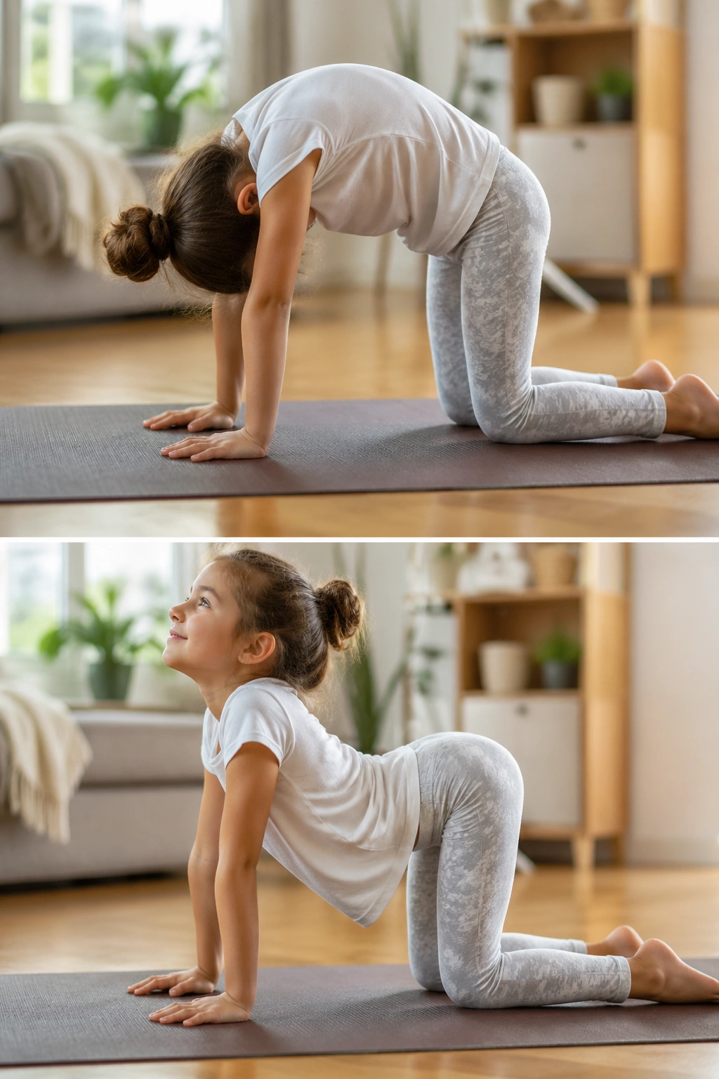 Child on hands and knees moving through Cat-Cow on a mat