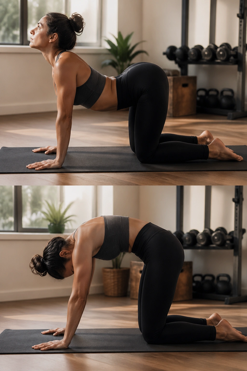 Cat-Cow on All Fours: real person on yoga mat performing spinal flexion and extension.