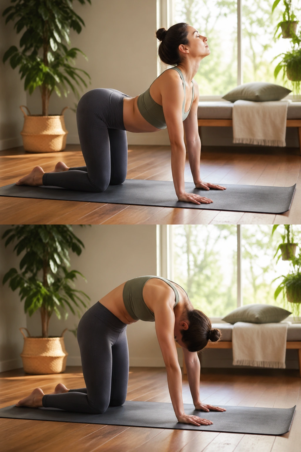 Person transitioning between Cat and Cow on a yoga mat