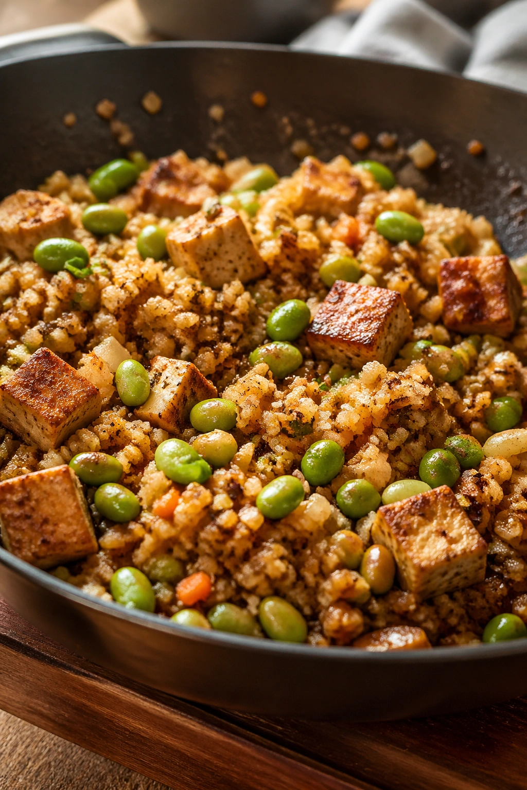 Close-up of cauliflower fried rice with edamame and tofu