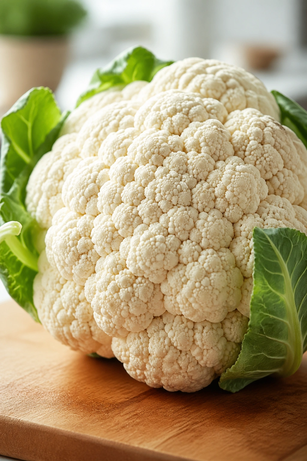 Close-up of a head of cauliflower filling the frame on a cutting board in a kitchen.