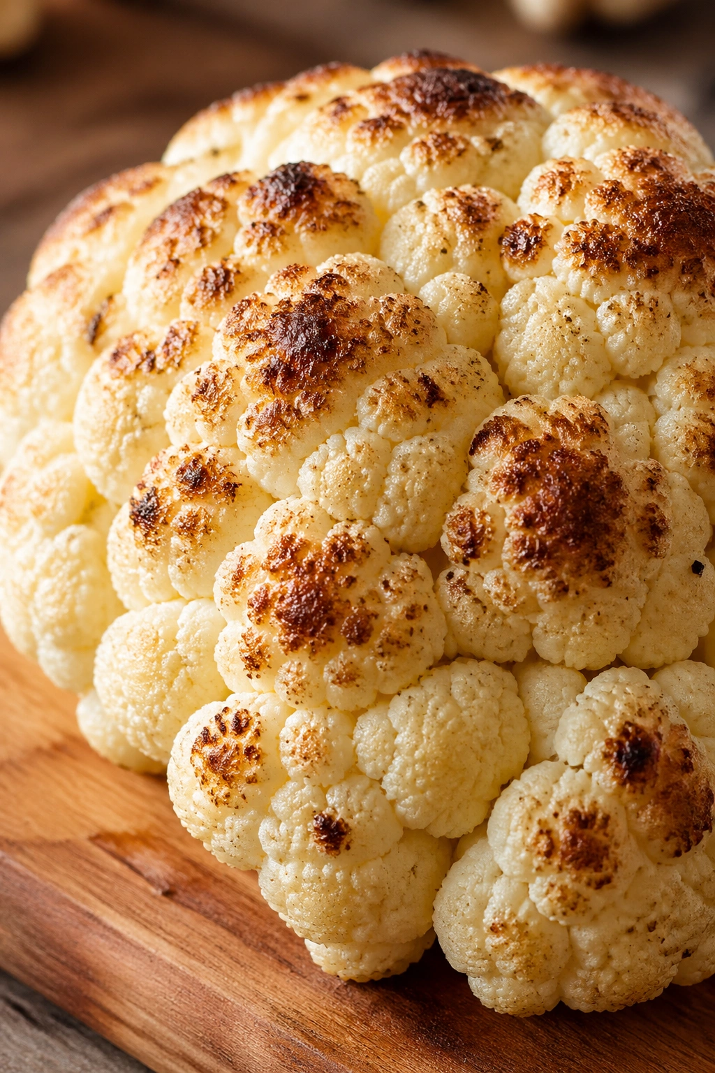 White cauliflower crown on wooden board with roasted edges in a warm kitchen