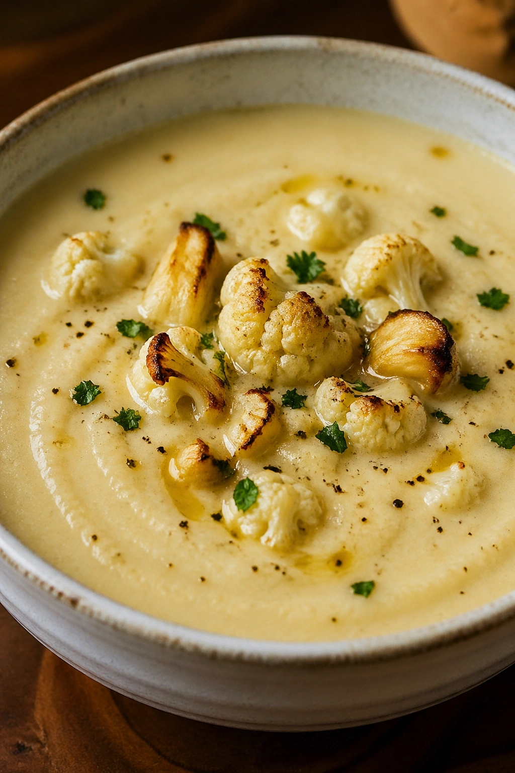 Velvety cauliflower garlic soup in a ceramic bowl on a wooden table