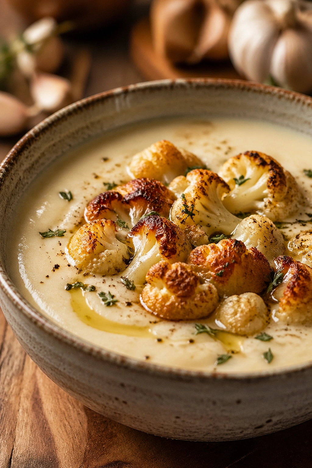 Close-up of Roasted Cauliflower and Garlic Soup in a bowl with roasted cauliflower
