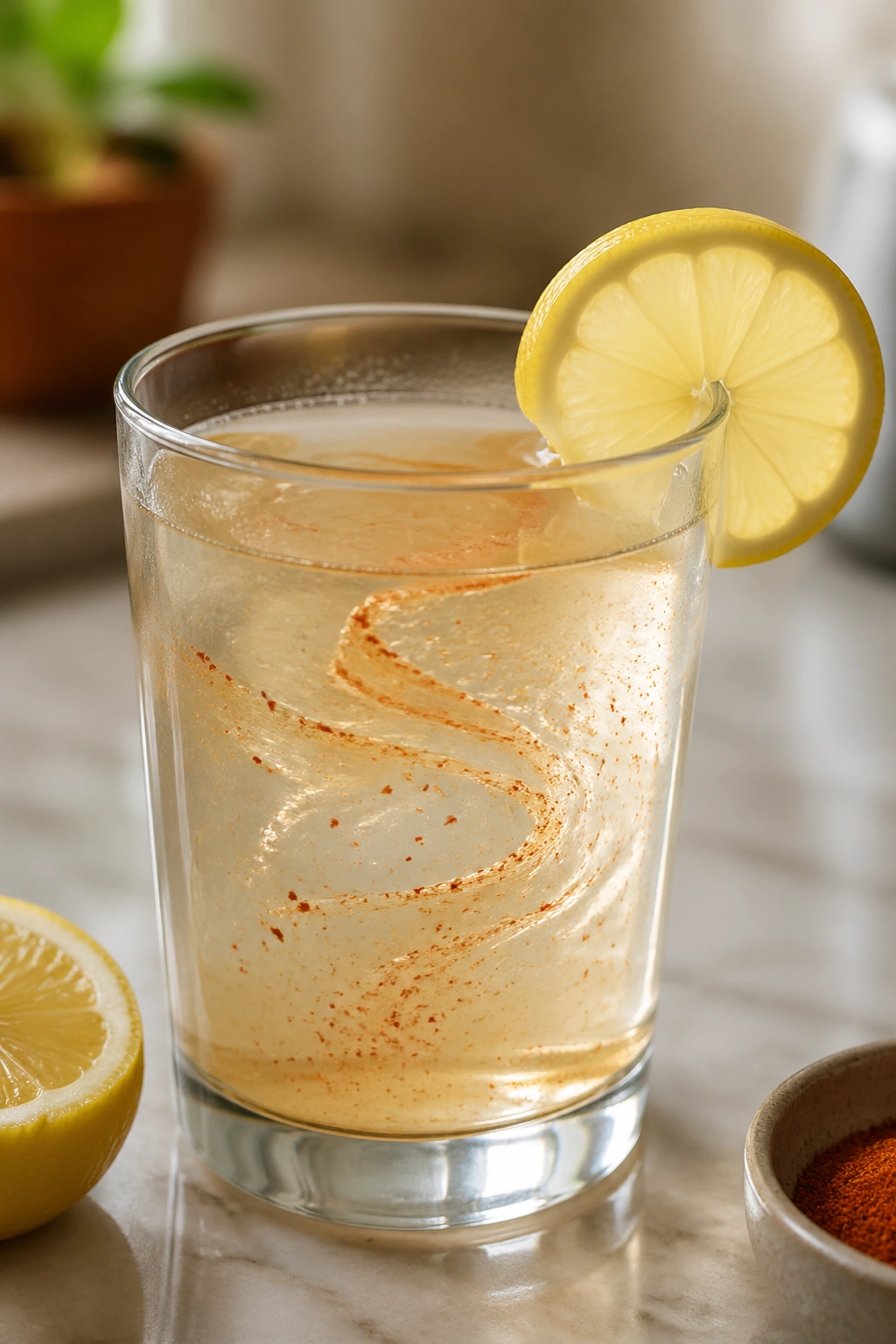 Warm cayenne lemon water in a glass with cayenne specks