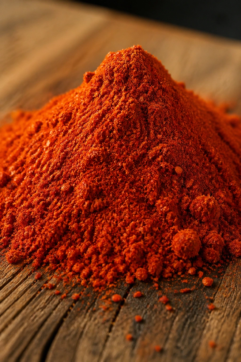 Close-up of a mound of cayenne pepper powder on wood