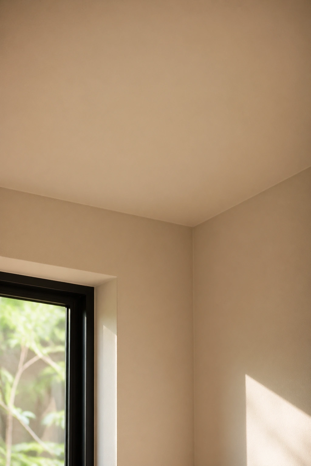 Close-up of interior corner where ceiling and wall share the same beige tone, creating a calm, seamless space