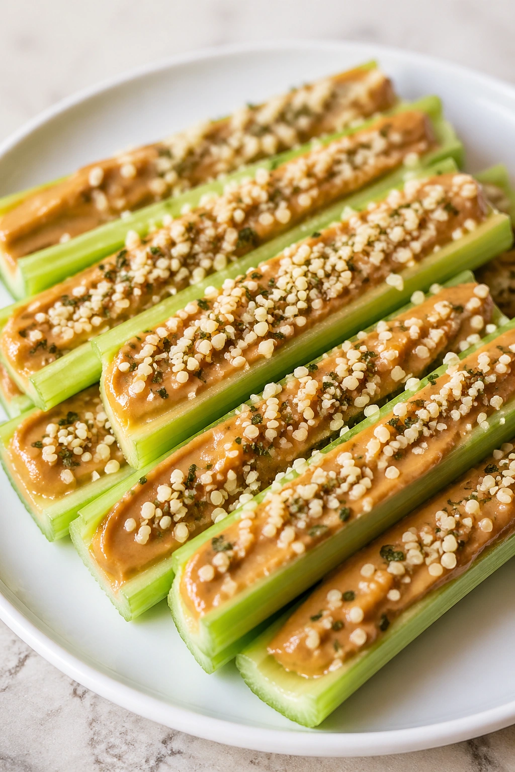 Celery sticks with almond butter and hemp hearts on plate