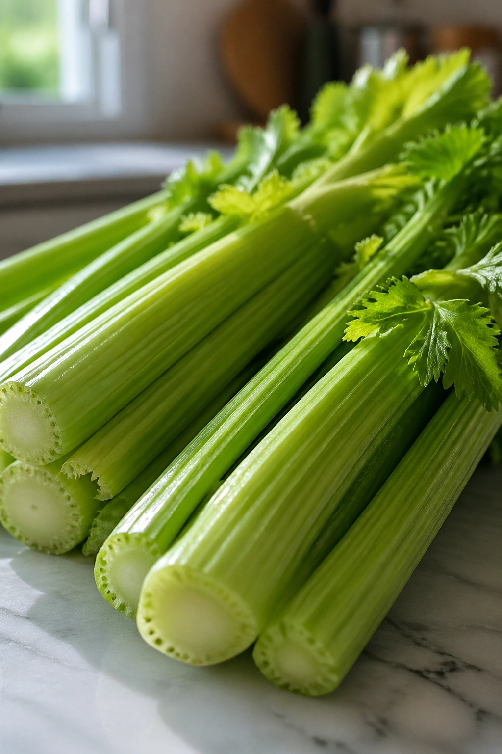 Close-up of crisp celery stalks filling the frame on a kitchen counter