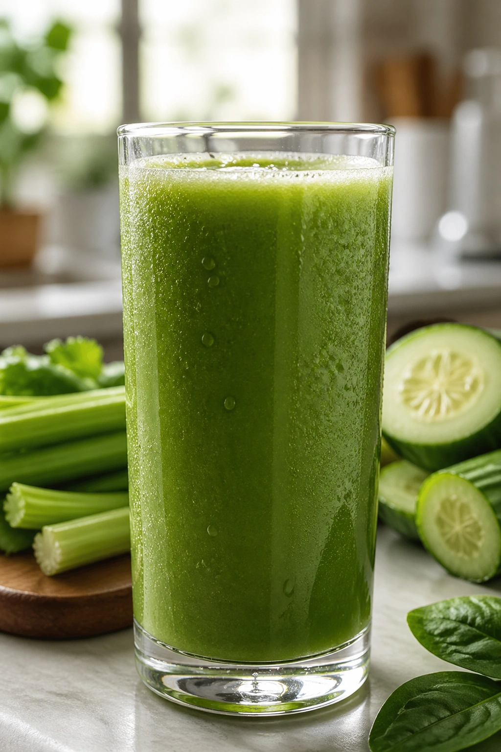 Close-up of a glass of vibrant green celery cucumber juice on a kitchen counter