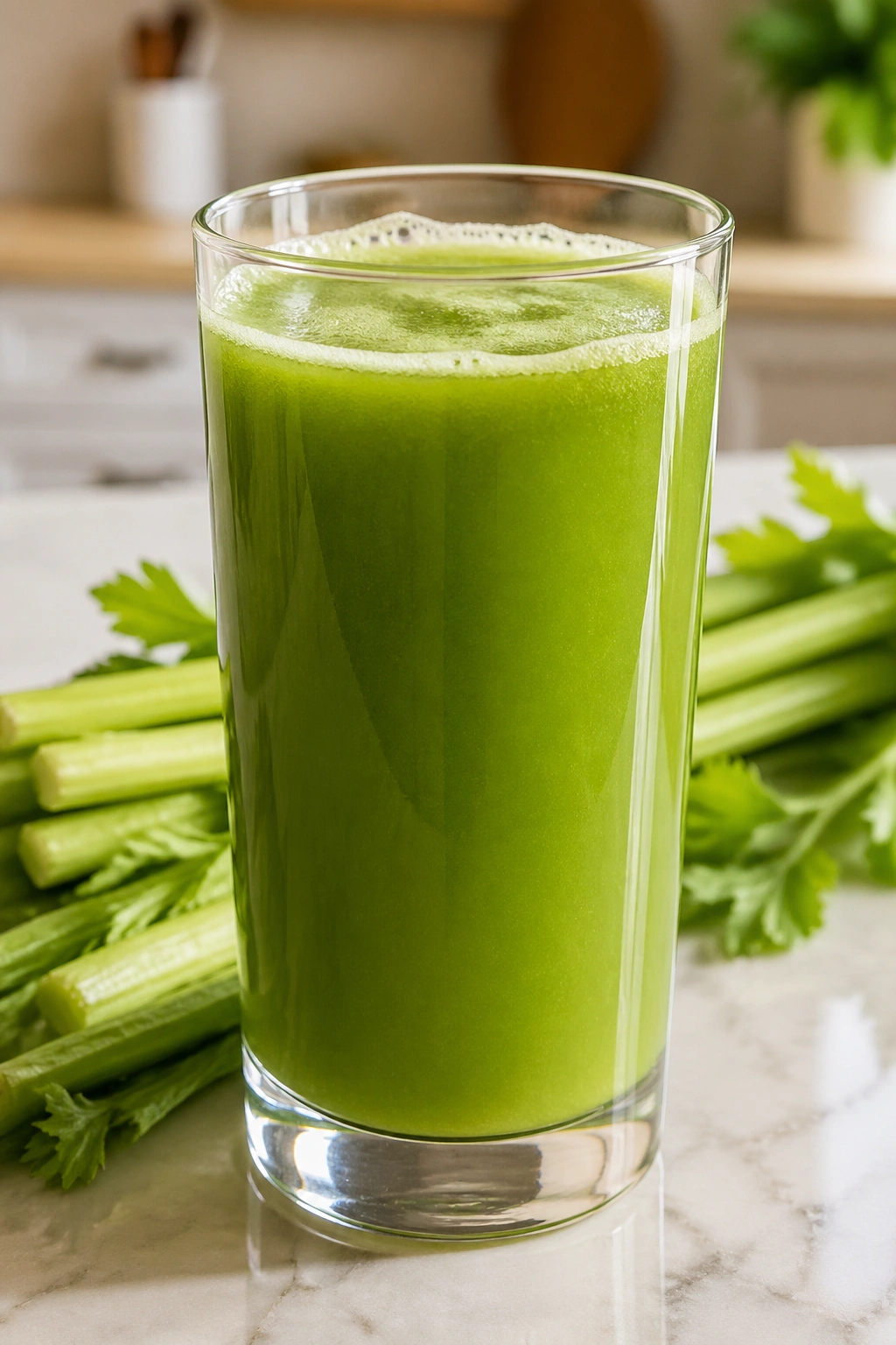 Vibrant green Celery Cucumber Juice in glass on kitchen counter