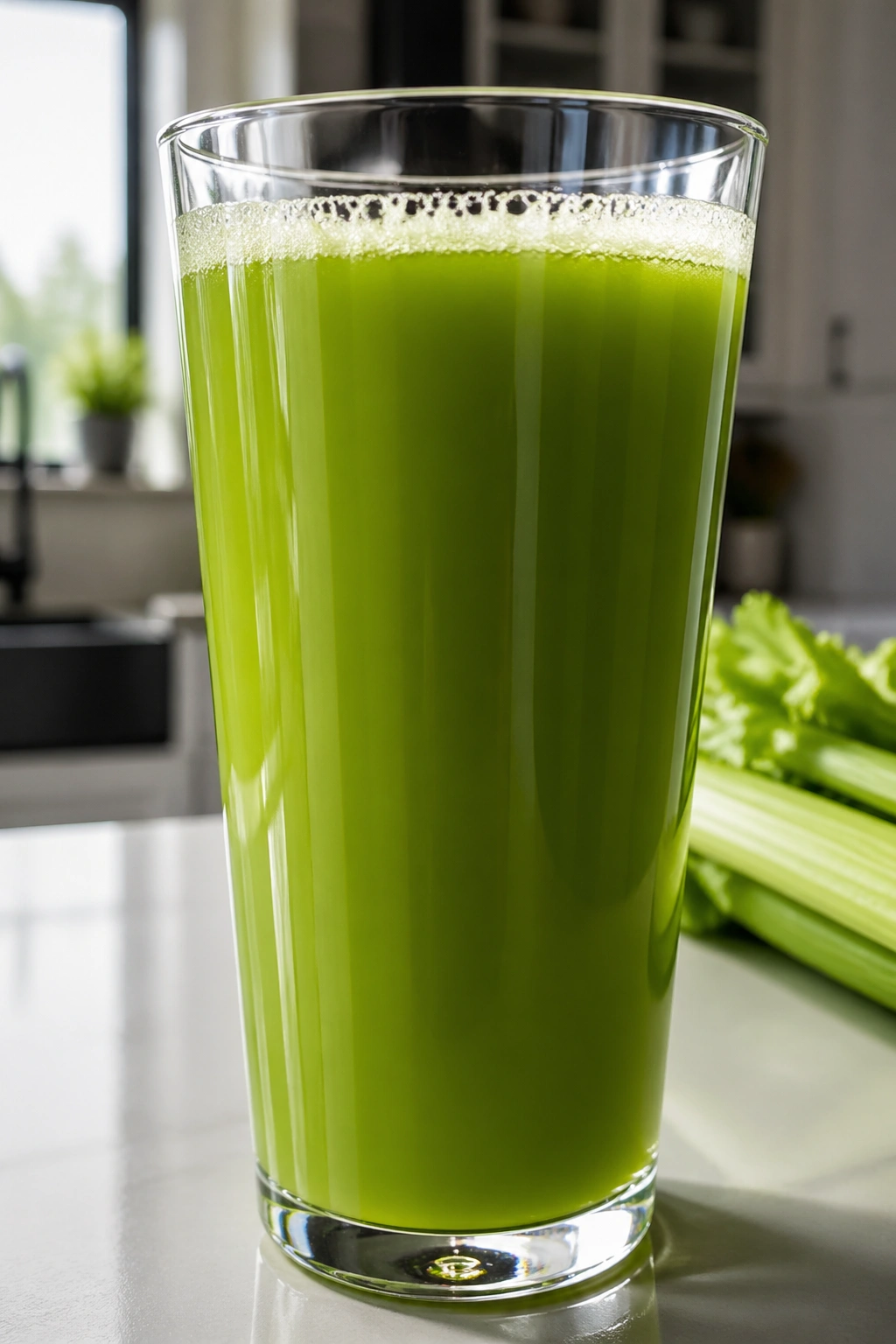 Close-up of vibrant green celery juice in a tall glass
