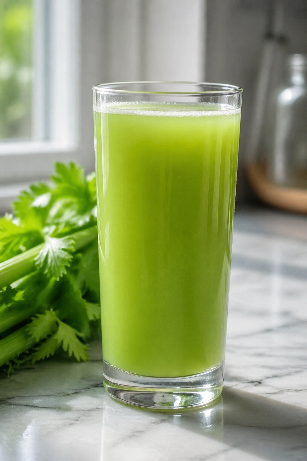 Tall glass of pale green celery juice on kitchen counter