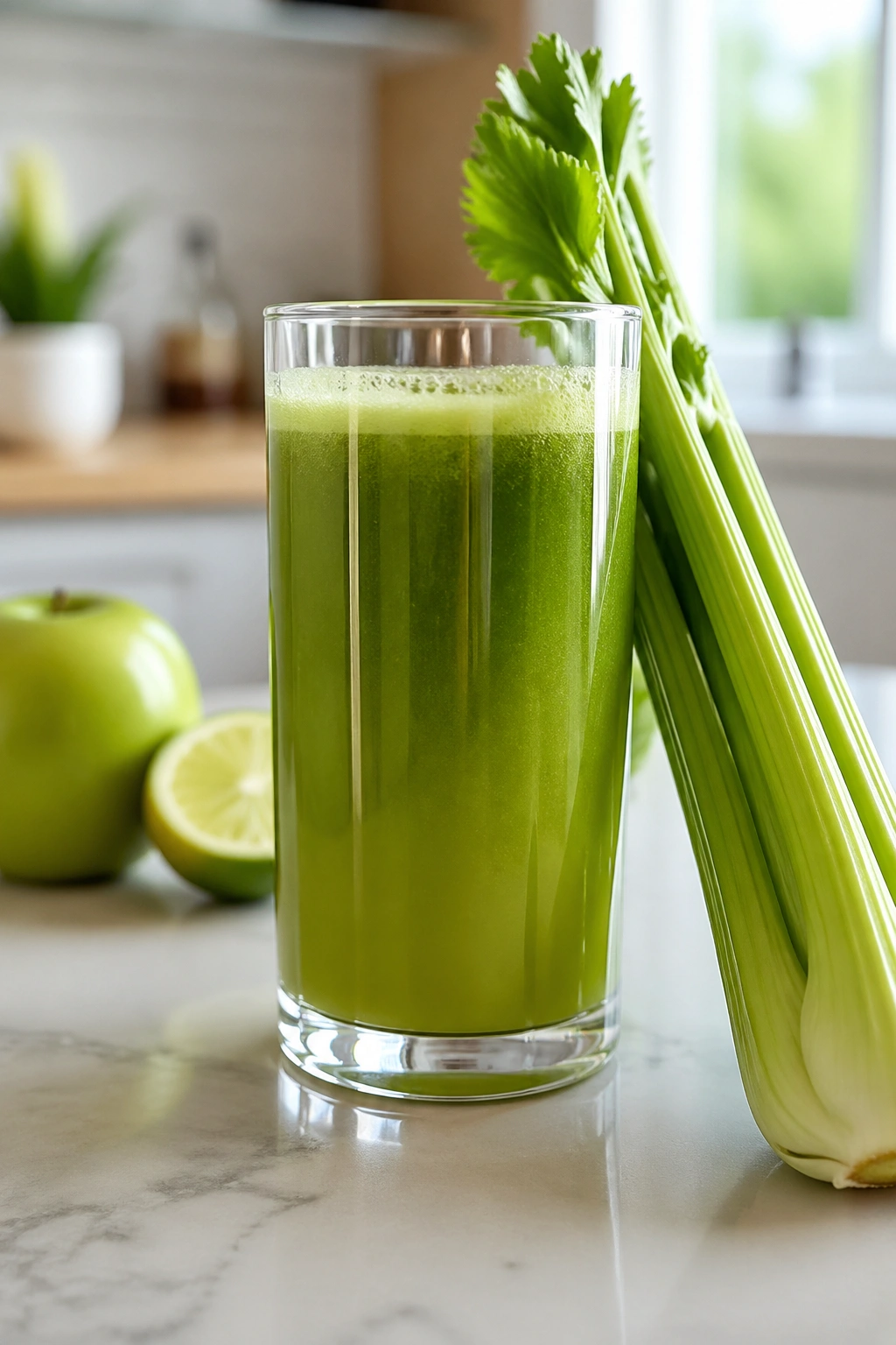 Green juice in a tall glass with celery beside it