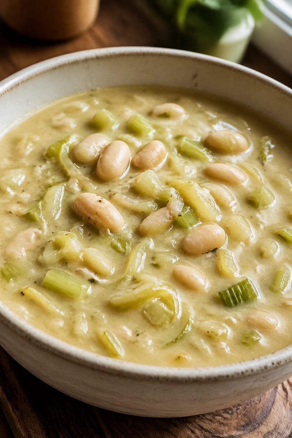 Close-up of creamy Celery-Leek Soup with White Beans in a rustic bowl, showing celery, leeks, and white beans