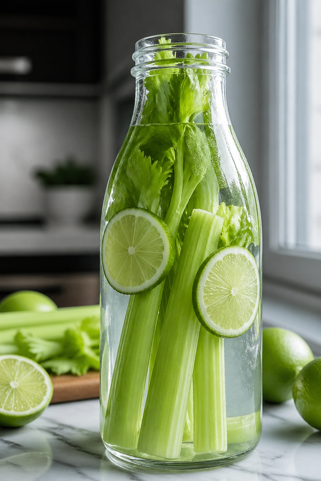 Close-up of celery lime water in a glass bottle with celery and lime