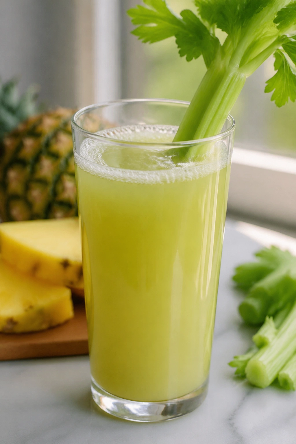 Glass of celery and pineapple juice with celery stalk