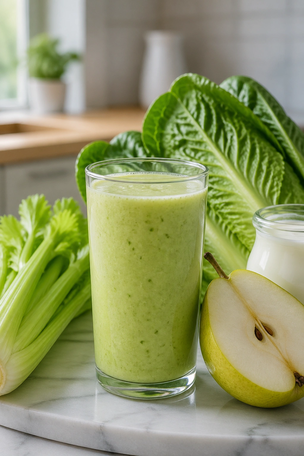 Celery romaine kefir smoothie in a glass