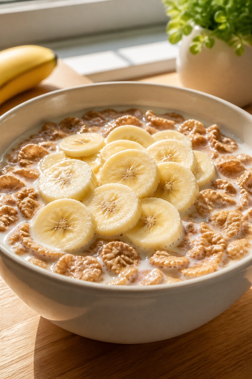 Bowl of cereal with milk and banana slices on a sunlit kitchen table
